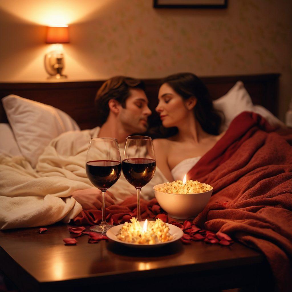 A romantic, dimly lit setting showcasing a cozy movie night for a couple, with soft blankets, popcorn, and a projector displaying a scene from an erotic short film. The atmosphere should evoke intimacy, with candles casting warm, flickering light and a glass of red wine on a small table. Subtle touches like rose petals scattered around and a gentle embrace between the couple can enhance the passion. The overall mood should be inviting and passionate. super-realistic. warm colors. soft focus.