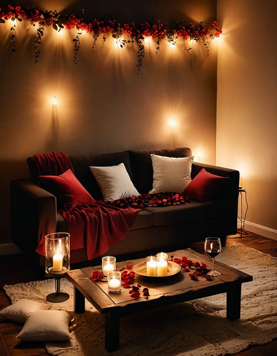 A romantic candle-lit setting featuring a cozy couch with two glasses of red wine on a small table, a projector casting a soft light displaying a couple's intimate moment on the wall, and petal-strewn floor adding to the ambiance. The scene conveys warmth, allure, and connection, inviting viewers to explore sensuality in relationships. super-realistic. vibrant colors. soft focus.