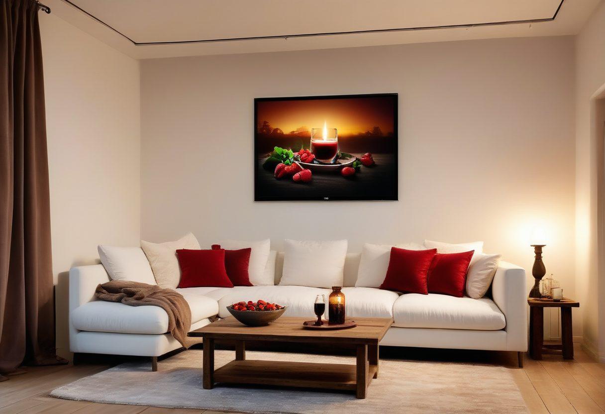 A cozy living room setting adorned with soft, warm lighting, featuring a plush sofa with fluffy cushions and a flickering candle on a nearby table. Subtle hints of romance like a glass of red wine and a bowl of strawberries, with a projector displaying a romantic clip on a white wall. The atmosphere evokes intimacy and warmth, inviting couples to connect. super-realistic. warm tones. soft lighting.